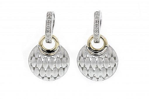 Italian Sterling Silver Matte Earrings set with 0.16ct diamonds and 14K solid yellow gold accents