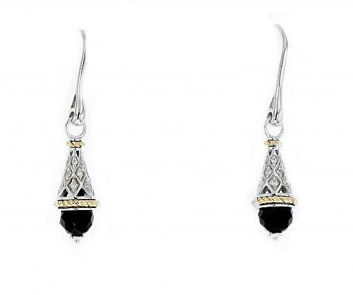 Italian Sterling Silver Earrings set with black onyx, 0.26ct diamonds and 14K solid yellow gold accents