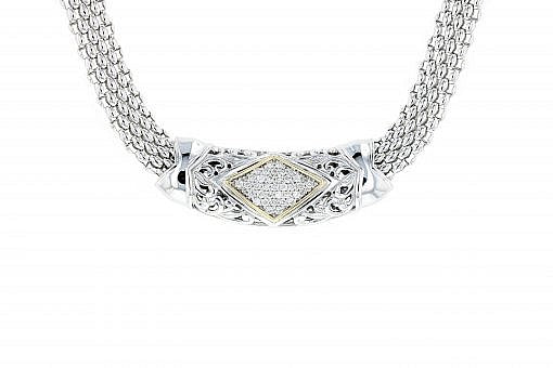 Italian Sterling Silver Necklace with 0.50ct. diamonds and 14K solid yellow gold accents.