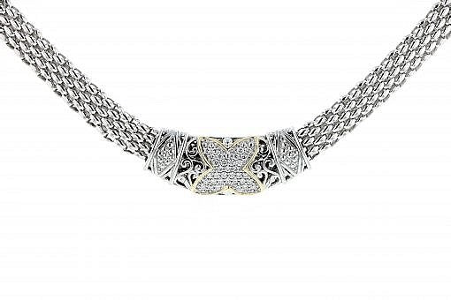 Italian Sterling Silver Necklace with 0.50ct. diamonds and 14K solid yellow gold accent