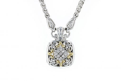 Italian Sterling Silver pendant with 0.26ct diamonds and 14K solid yellow gold accent. The chain is included.
