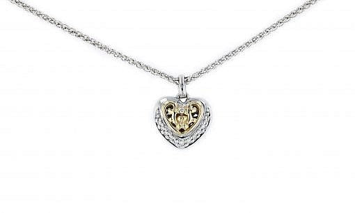 Limited Edition Italian Sterling Silver Heart Pendant with 0.16ct diamonds and solid 14K yellow gold accents. The chain is included.