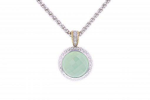 Limited Edition Italian Sterling Silver Pendant with a green onyx center stone 0.01ct white diamond and 14K solid yellow gold accents A Sterling Silver chain is included