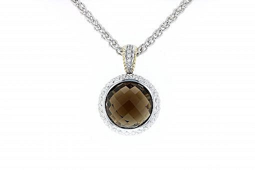 Limited Edition Italian Sterling Silver Pendant with a smoky quartz center stone 0.01ct white diamonds and 14K solid yellow gold accent. A Sterling Silver chain is included