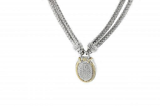 Italian Sterling Silver Necklace set with .33ct. diamonds and 14K solid yellow gold accents.  The piece has a double stranded sterling silver chain which is included