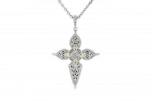 Italian Sterling Silver Cross Pendant with 0.05ct diamonds and 14K solid yellow gold accents. The chain is included.