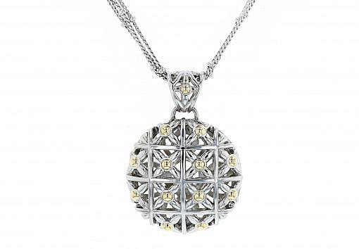 Italian sterling silver pendant with solid 14K yellow gold accents and multi strand chain included.