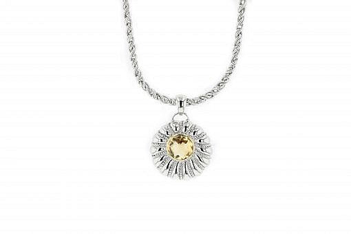Limited Edition Italian sterling silver citrine pendant with solid 14K yellow gold accents. The chain is included.