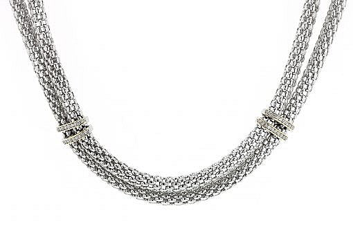 Italian Sterling Silver Double Strand Necklace with 0.40ct diamonds and 14K solid yellow gold accents.