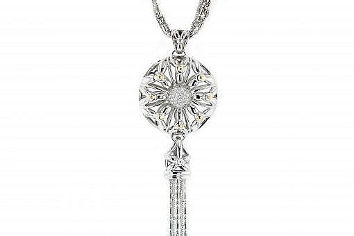 Limited Edition Italian sterling silver multi-strand necklace with 0.87ct diamonds and solid 14K yellow gold accents.