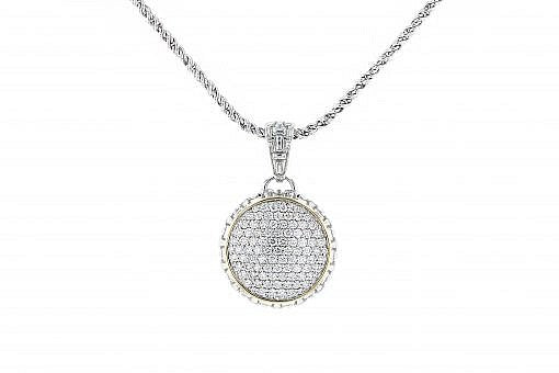 Italian Sterling Silver Circle Pendant with 1.30ct diamonds and 14K solid yellow gold accents. The chain is included.