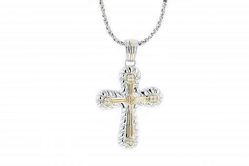 Italian Sterling Silver Cross Pendant with 0.22ct diamonds and 14K solid yellow gold accents. The chain is included.