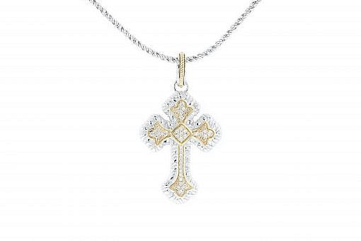 Italian Sterling Silver Cross Pendant with 0.31ct diamonds and 14K solid yellow gold accents. The chain is included.