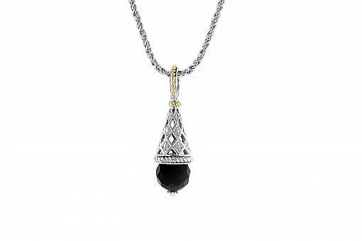 Italian Sterling Silver and Black Onyx Pendant with 0.08ct diamonds and 14K solid yellow gold accents. The chain is included.