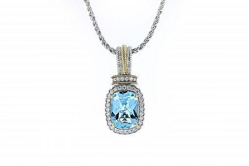 Italian Sterling Silver Pendant with sky blue topaz center stone, 0.59ct diamonds and 14K solid yellow gold accents. The chain is included.