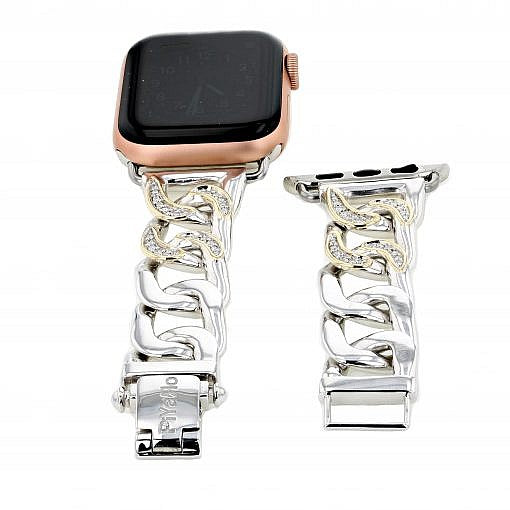 Silver Link Watch Band with 0.62ct H color VS diamonds and 14k solid yellow gold accent. Made for smart watches with 40mm bands.
