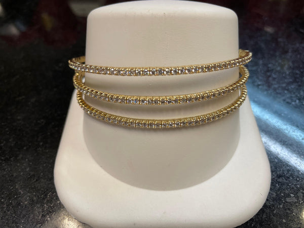 14K Yellow Gold Diamond Three Row Flex Bangle Bracelet